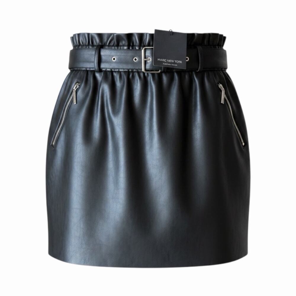 Marc New York Faux Leather Paperbag Mini Skirt Black Belted High Waist Sz XL NWT